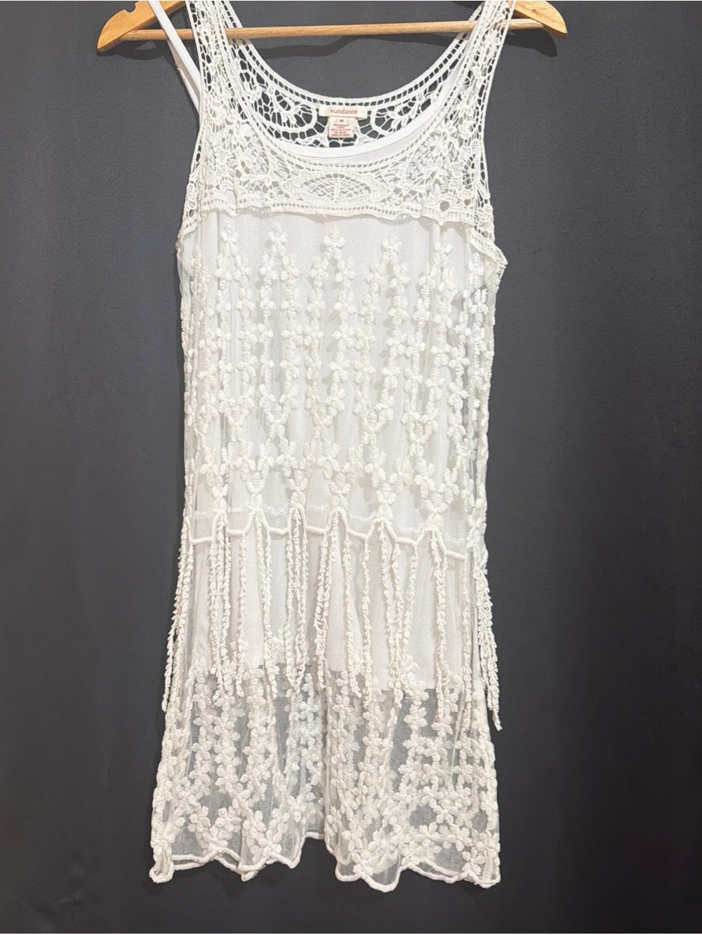 Vintage Sundance White Crochet Lace Fringe tunic top with adjustable tank SzM